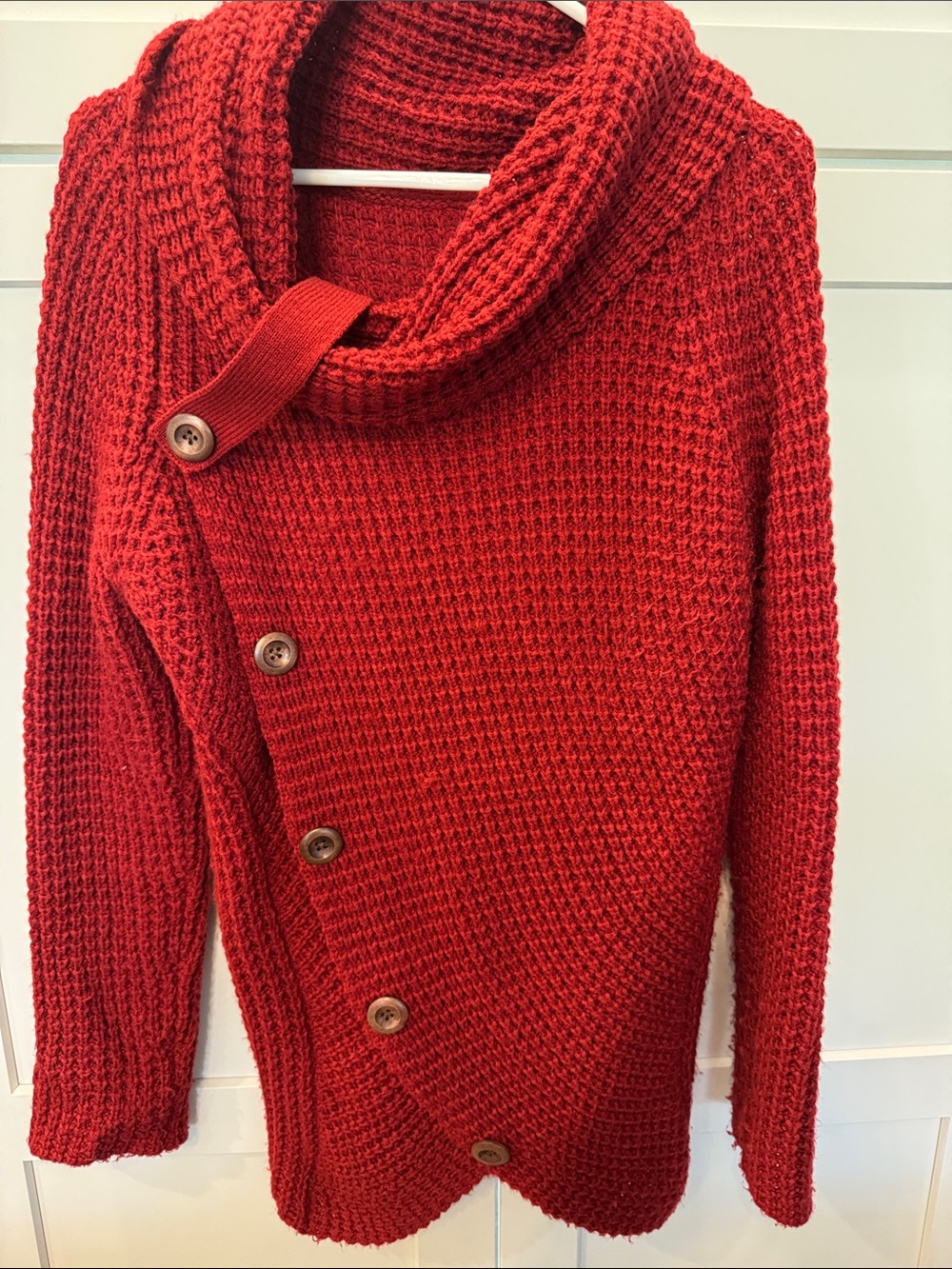 Women's Red Button-Front Cowl Neck Sweater